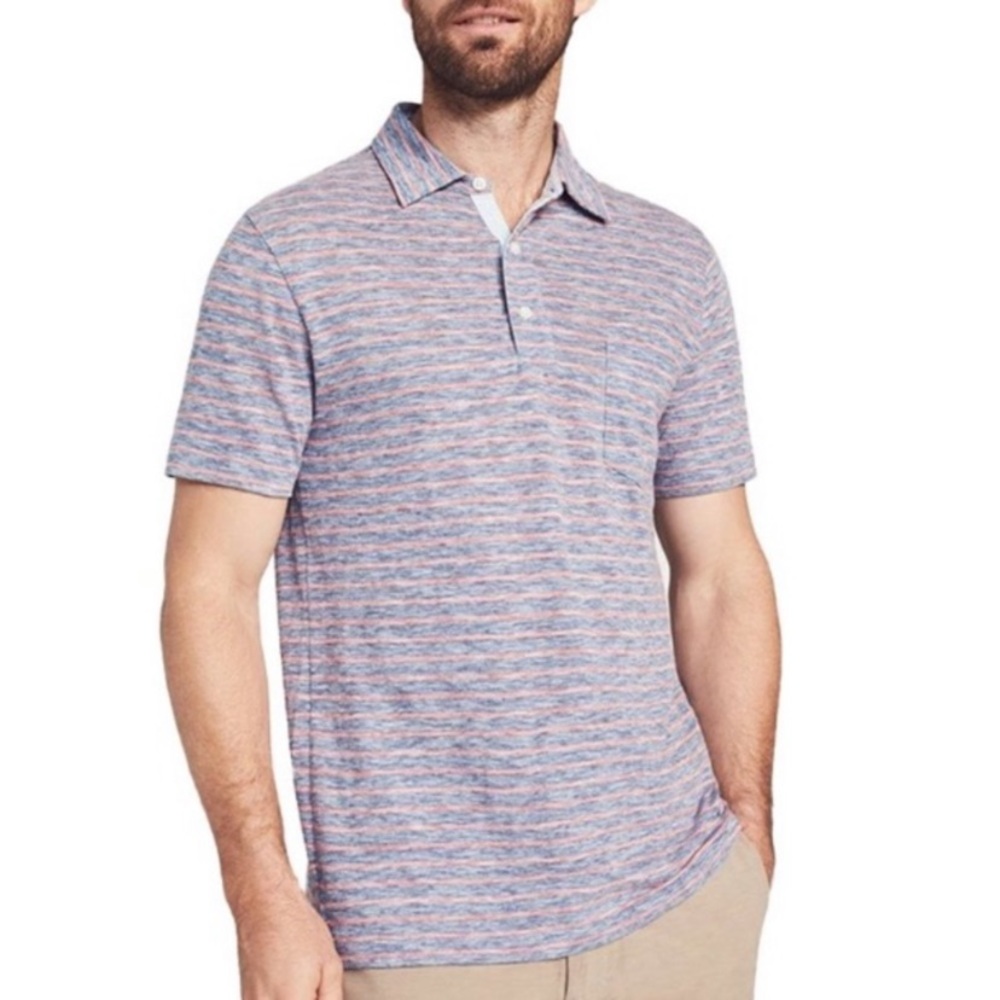 Faherty Brand Men’s Short Sleeve Pink and Blue Striped Polo Size Medium